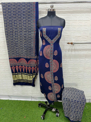 Pure Modal Silk Ajrakh Hand Block Print Neptol Dye 3 Pice Suit