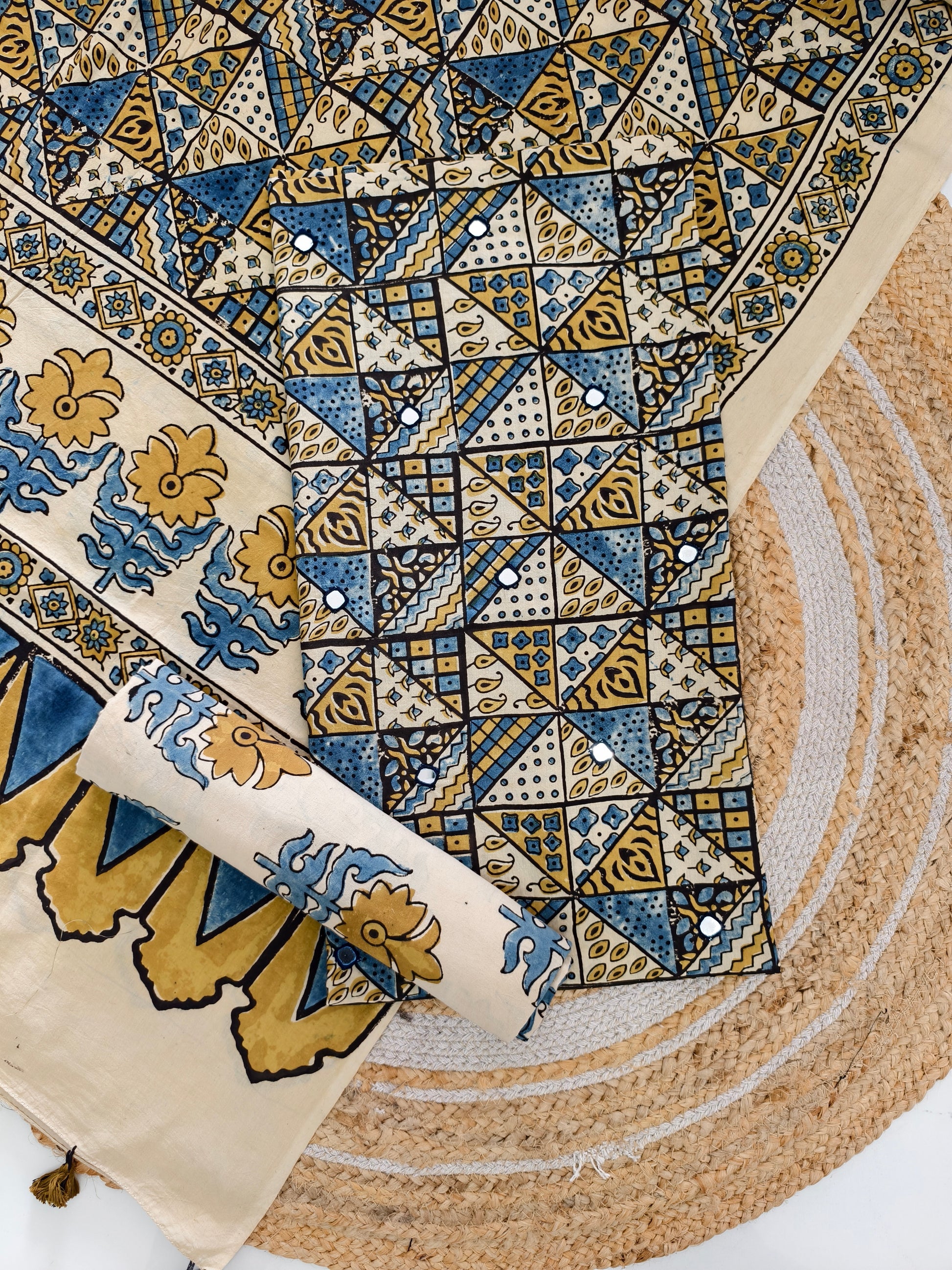pure cotten ajrakh suit with mirror work & tassels - buy now