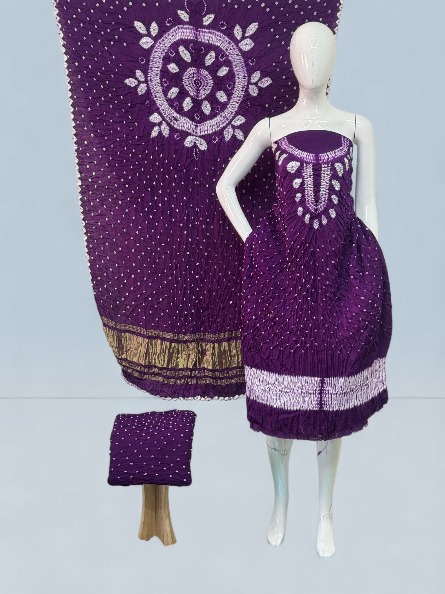 Modal Silk Shibori Suit Set with Bandhej Bottom & Zari Pallu Dupatta