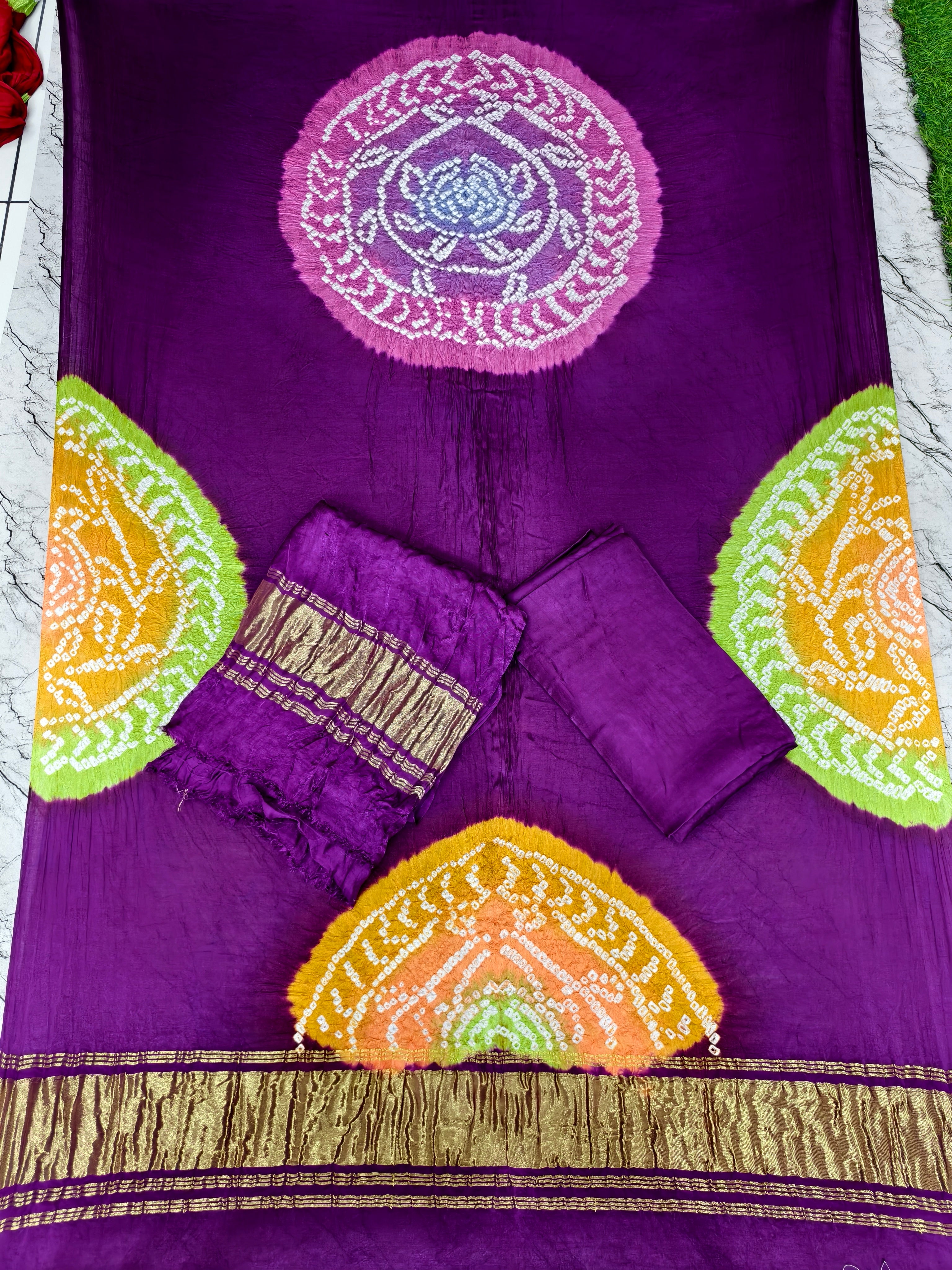 Bandhani Suit Set with Multi Color Dupatta & Zari Pallu