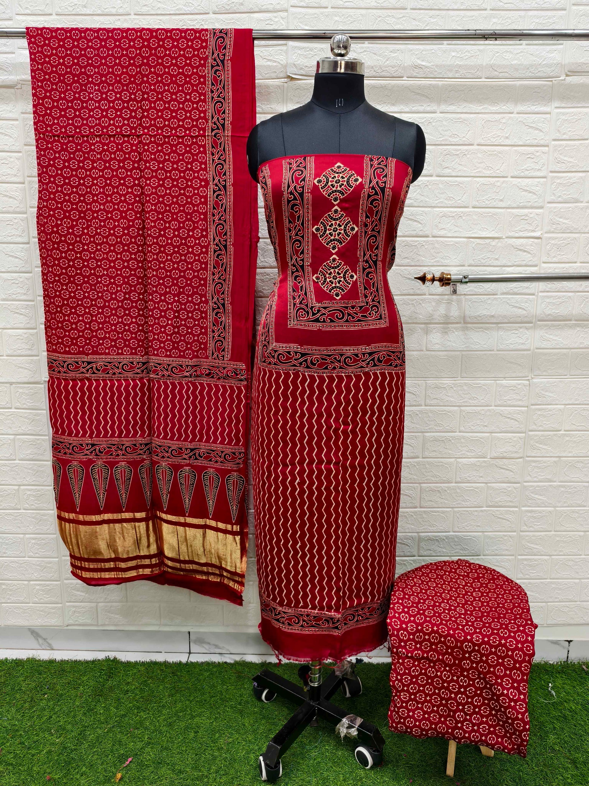 Pure Modal Silk Ajrakh Hand Block Print Neptol Dye 3 Pice Suit