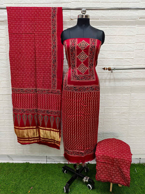 Pure Modal Silk Ajrakh Hand Block Print Neptol Dye 3 Pice Suit