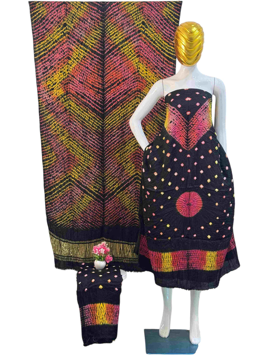 Modal Silk Shibori Suit: Malti Color Bandhani 3-Piece Dress with Zari Pallu