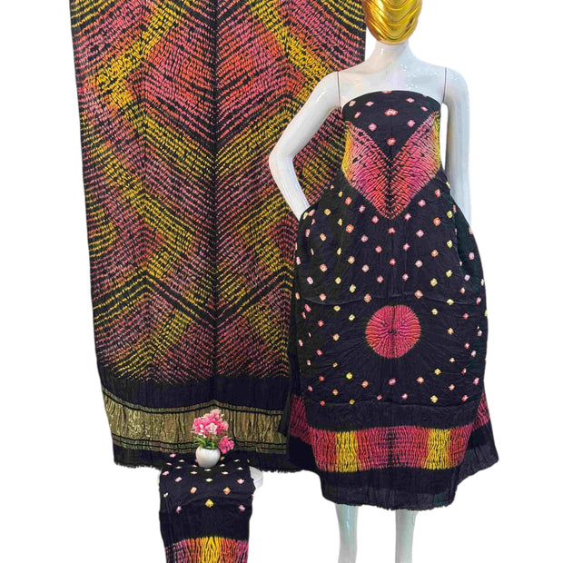 Modal Silk Shibori Suit: Malti Color Bandhani 3-Piece Dress with Zari Pallu