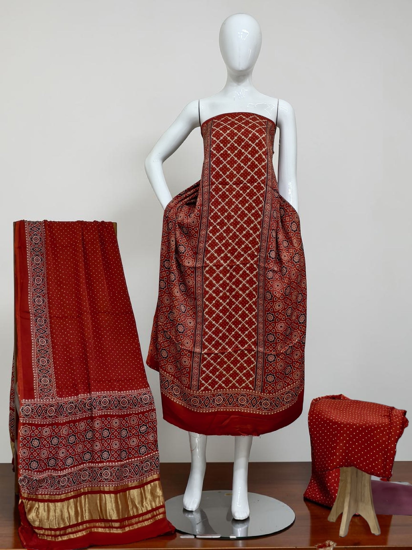 rust Modal Silk Ajrakh Hand Block Print Suit with Neptol Dye & Zari Pallu Dupatta – Premium Designer Ethnic Wear