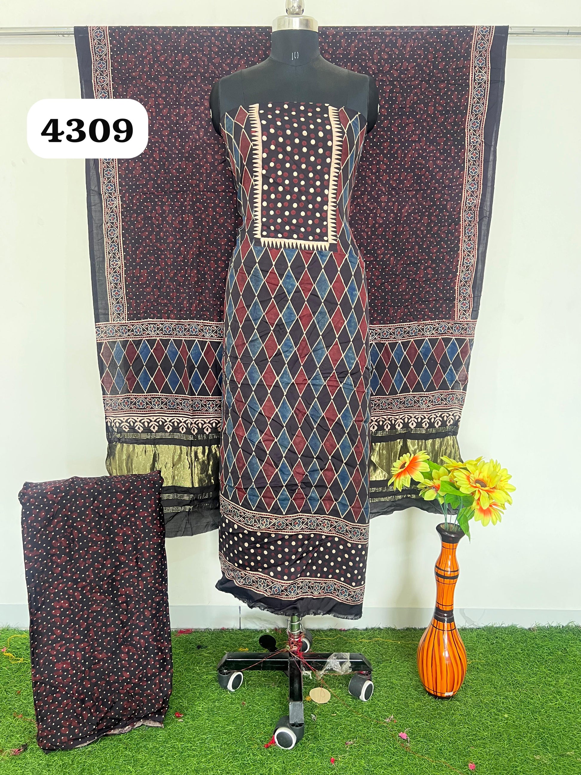 Pure Modal Silk Ajrakh Hand  Block print Nechral Dye 3 Pice Suit