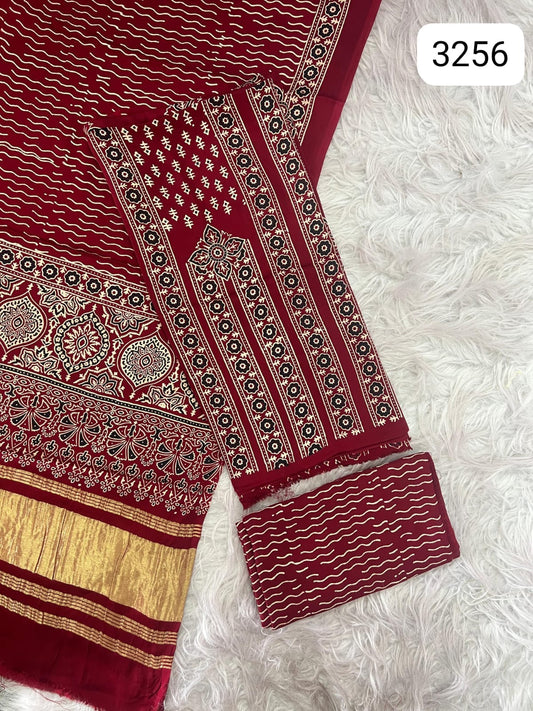 Pure Modal Silk Ajrakh Hand Block Print Neptol Dye 3 Pice Suit