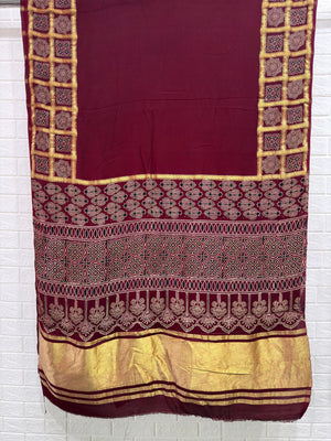 Ajrakh Hand Block Print Neptol Dye Saree with Zari Pallu