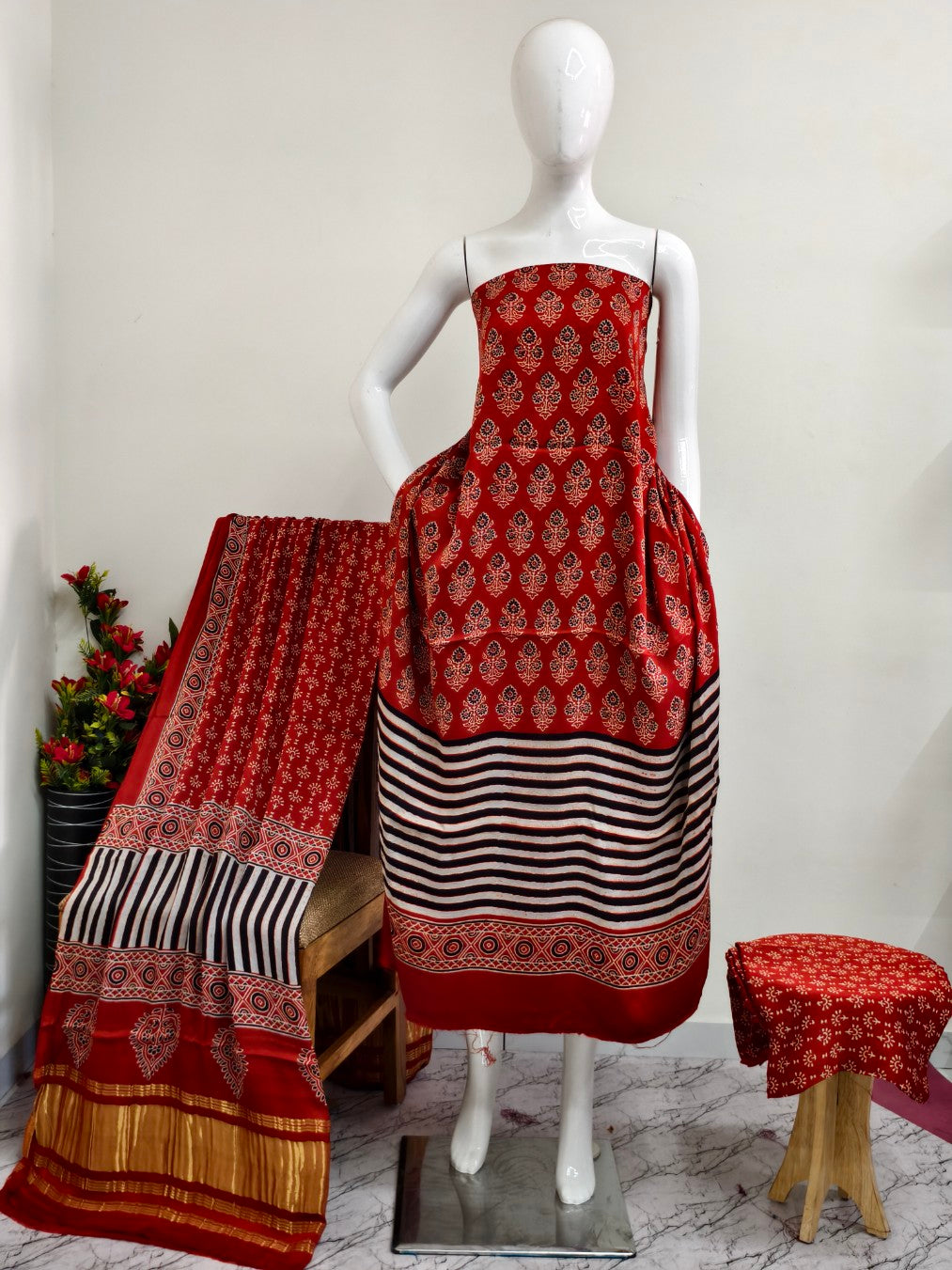 Modal Silk rust Ajrakh Hand Block Print Suit with Neptol Dye & Zari Pallu Dupatta – Premium Designer Ethnic Wear
