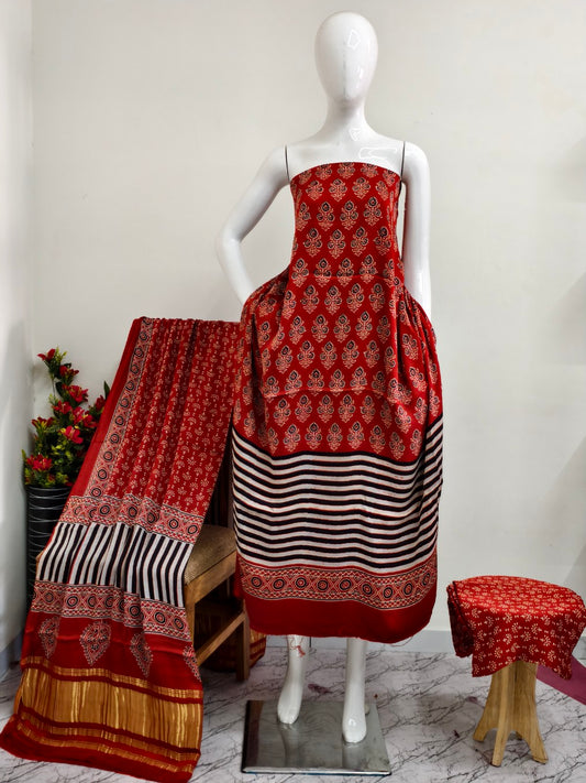 Modal Silk rust Ajrakh Hand Block Print Suit with Neptol Dye & Zari Pallu Dupatta – Premium Designer Ethnic Wear