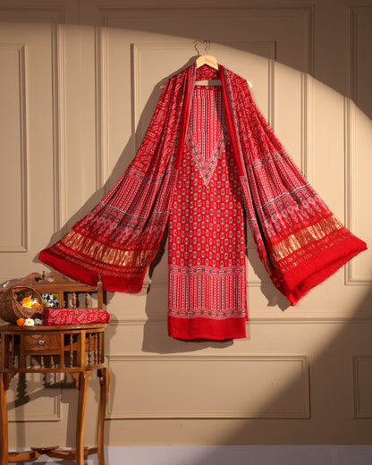 Modal Silk Red Ajrakh Hand Block Print Suit with Neptol Dye & Zari Pallu Dupatta – Premium Designer Ethnic Wear