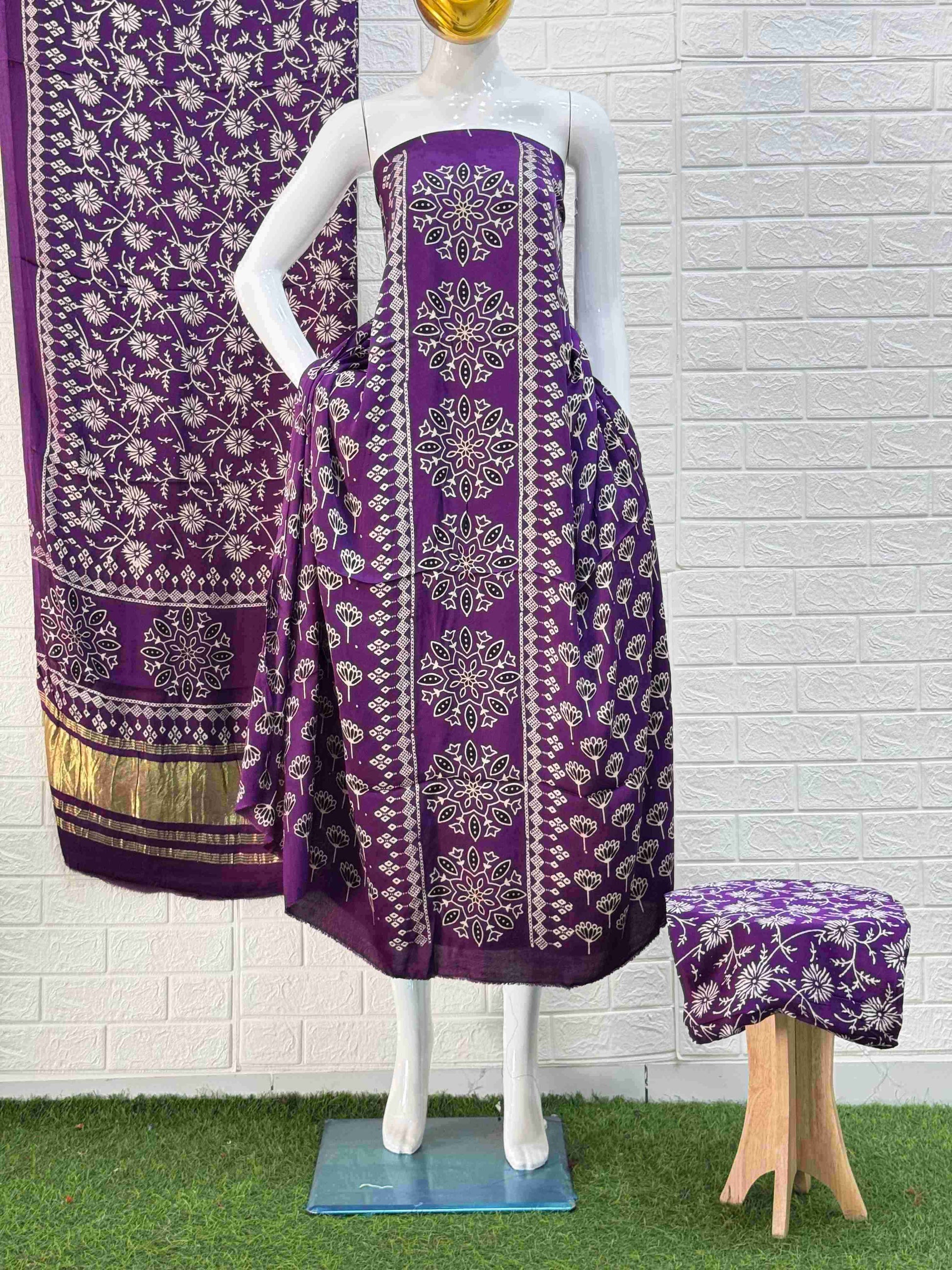 Pure Modal Silk Ajrakh Hand Block Print Neptol Dye 3 Pice Suit