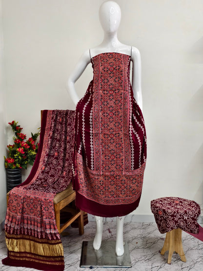 Modal Silk maroon  Ajrakh Hand Block Print Suit with Neptol Dye & Zari Pallu Dupatta – Premium Designer Ethnic Wear