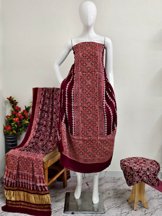 Modal Silk maroon  Ajrakh Hand Block Print Suit with Neptol Dye & Zari Pallu Dupatta – Premium Designer Ethnic Wear
