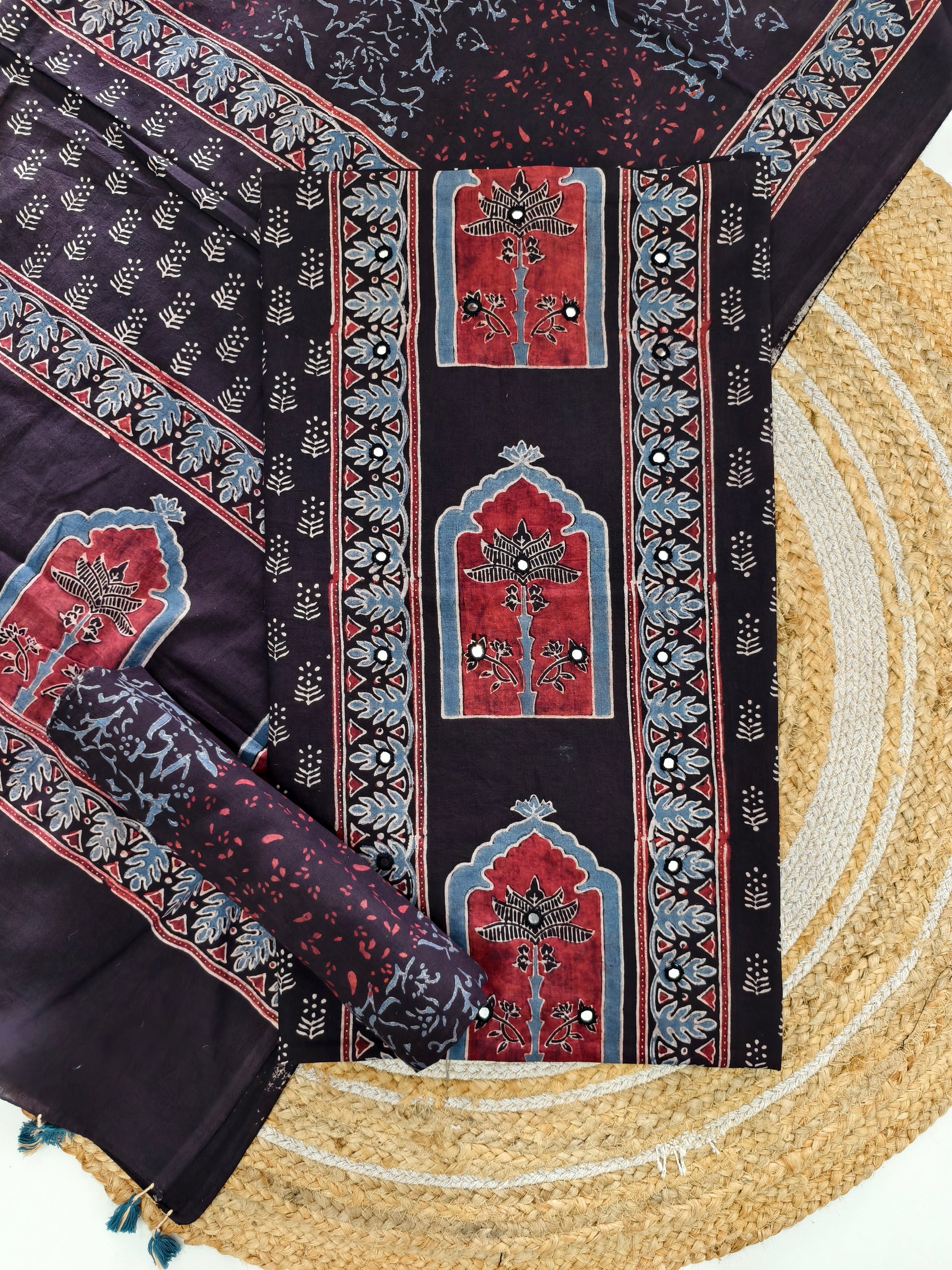 pure cotten ajrakh suit with mirror work & tassels - buy now