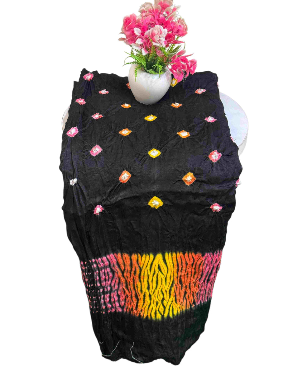 Modal Silk Shibori Suit: Malti Color Bandhani 3-Piece Dress with Zari Pallu