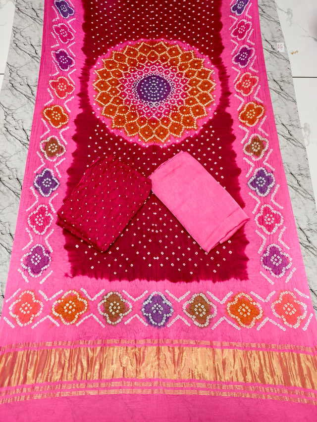 Premium Multi-Color Modal Silk Bandhej Suit Set | Handcrafted Bandhani Designer Dress Material with Zari Dupatta