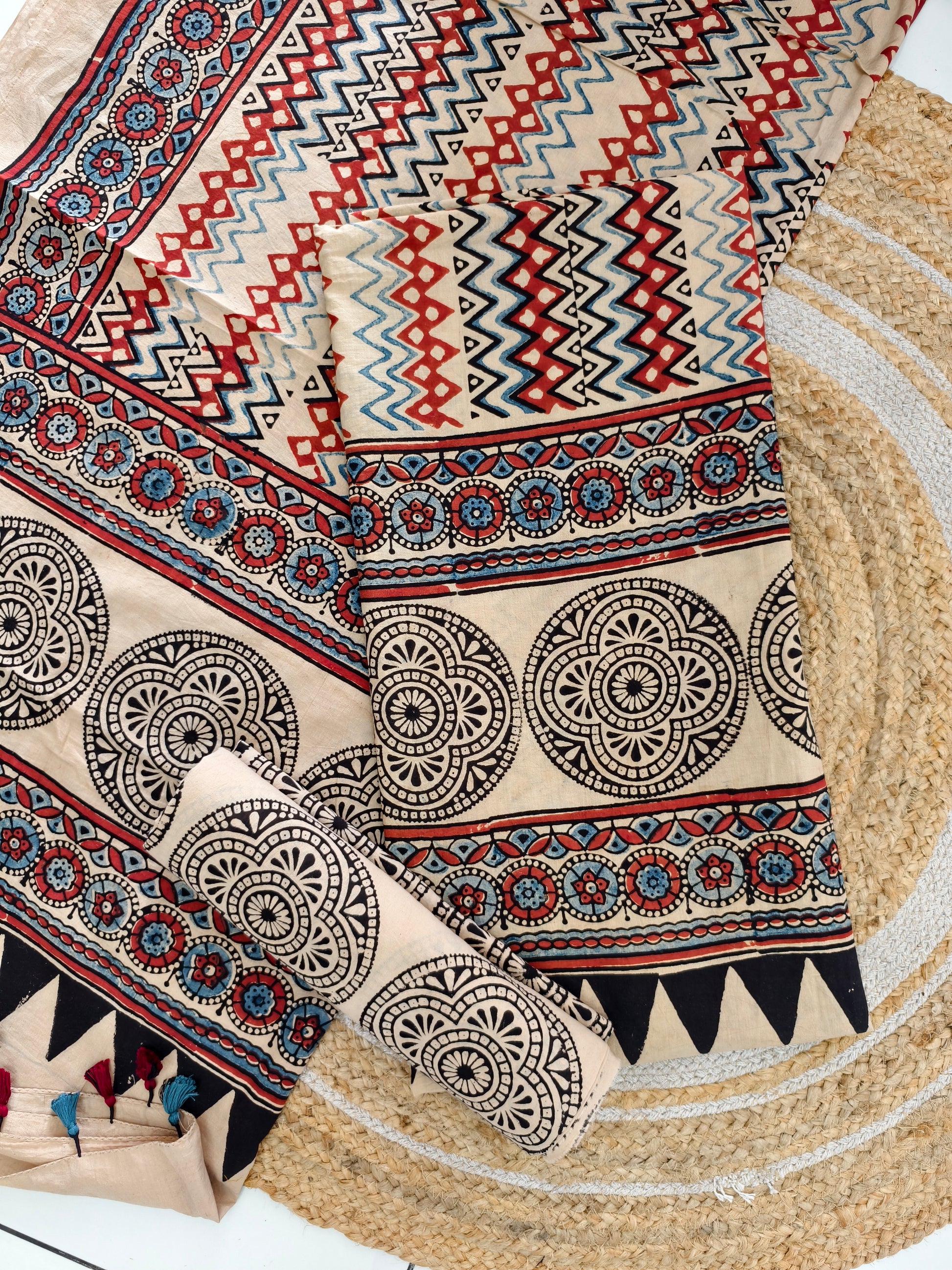 pure cotten ajrakh suit with mirror work & tassels - buy now