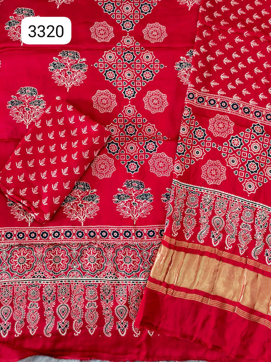Pure Modal Silk Ajrakh Hand Block Print Neptol Dye 3 Pice Suit