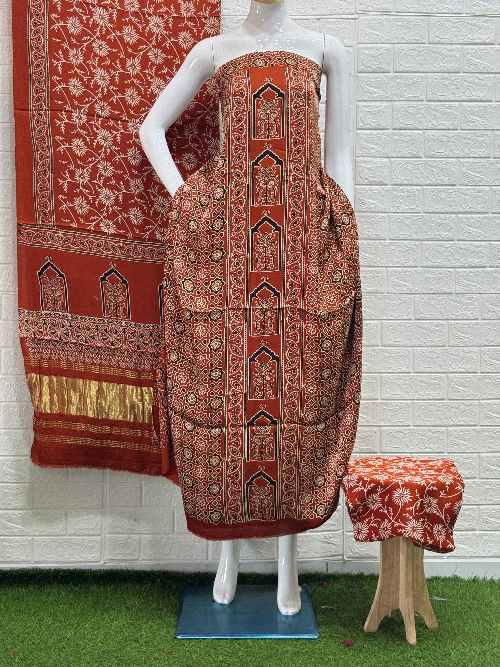 Pure Modal Silk Rust Ajrakh Hand Block Print Neptol Dye 3 Pice Suit