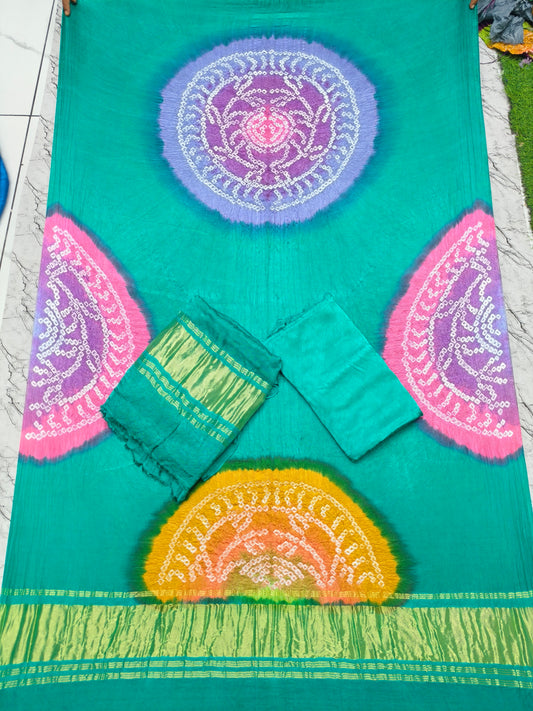 Bandhani Suit Set with Multi Color Dupatta & Zari Pallu