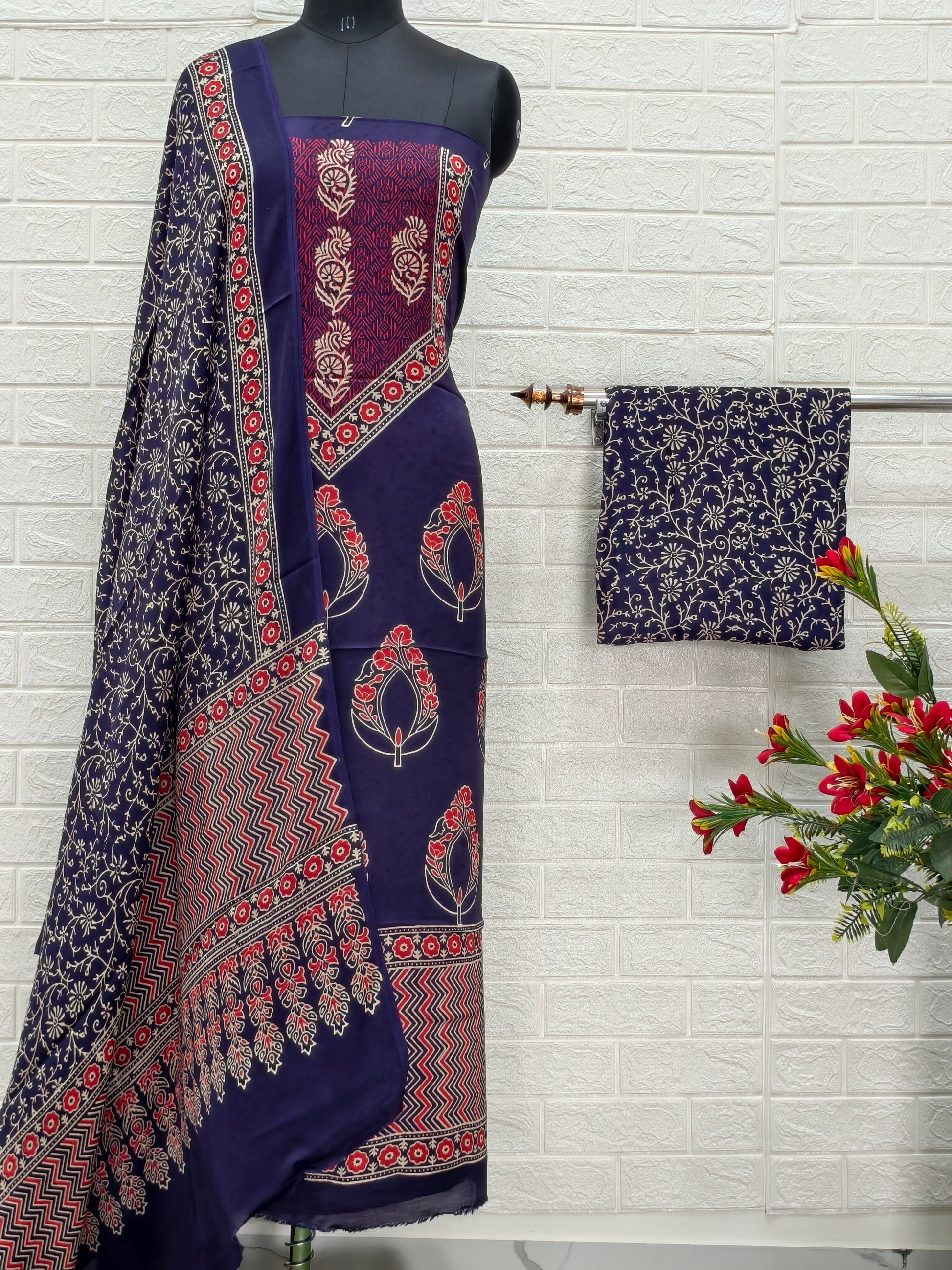 Ajrakh Hand Block Print Neptol Dye 3 Pice Suit