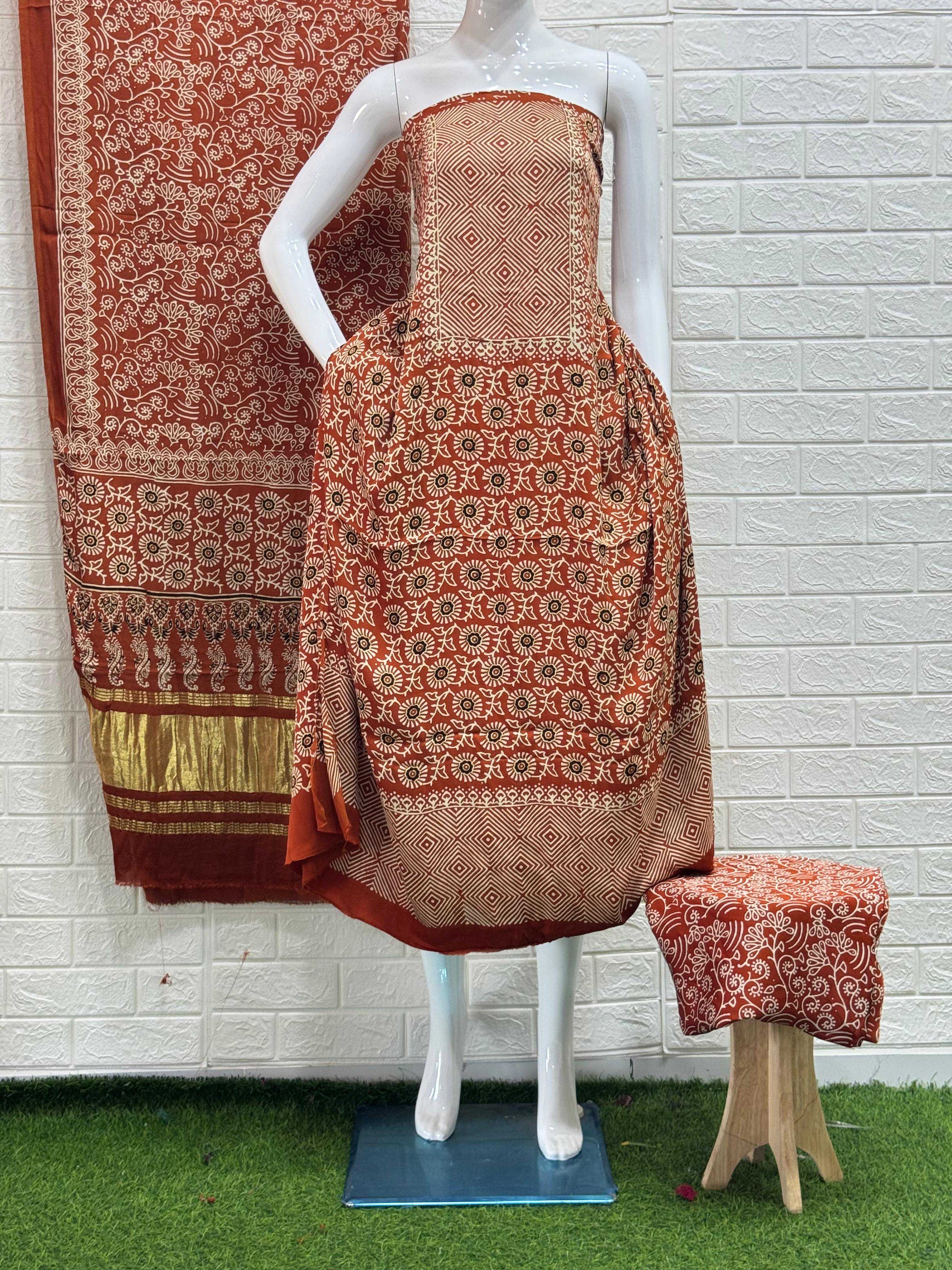 Pure Modal Silk Rust Ajrakh Hand Block Print Neptol Dye 3 Pice Suit