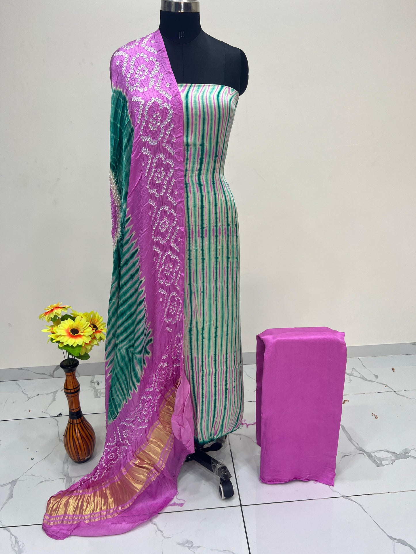 Pink & Green Modal Silk Tie & Dye Bandhani Dupatta 3 Piece Suits