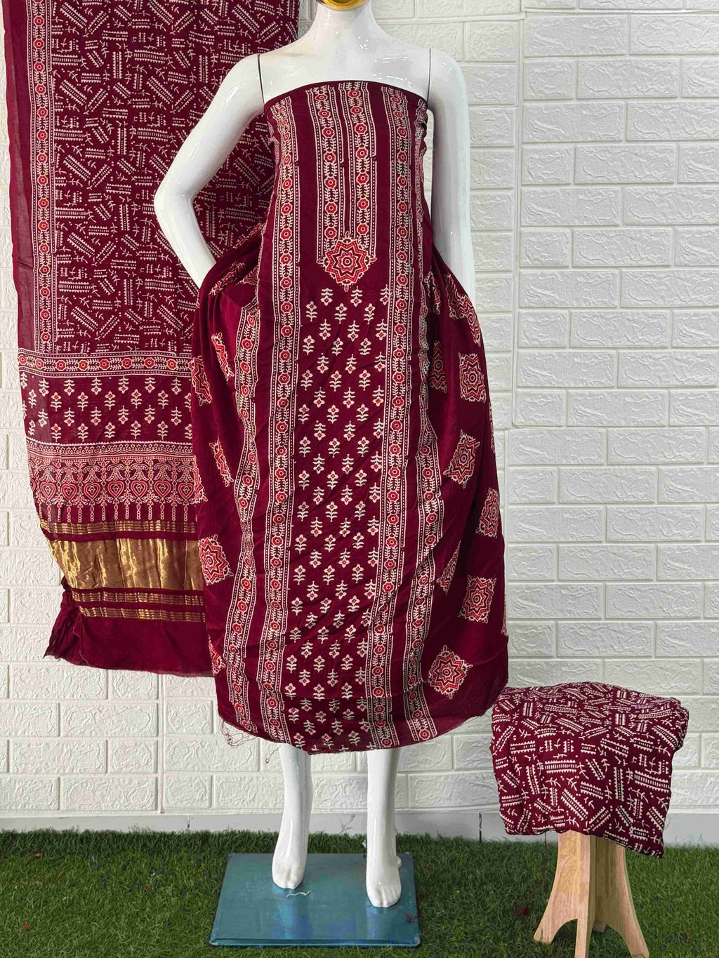 Pure Modal Silk Ajrakh Hand Block Print Neptol Dye 3 Pice Suit