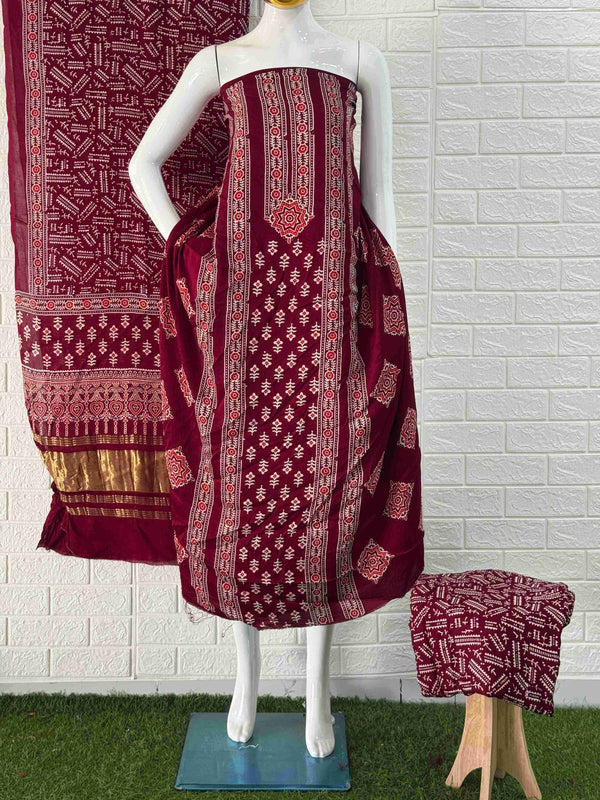 Pure Modal Silk Ajrakh Hand Block Print Neptol Dye 3 Pice Suit