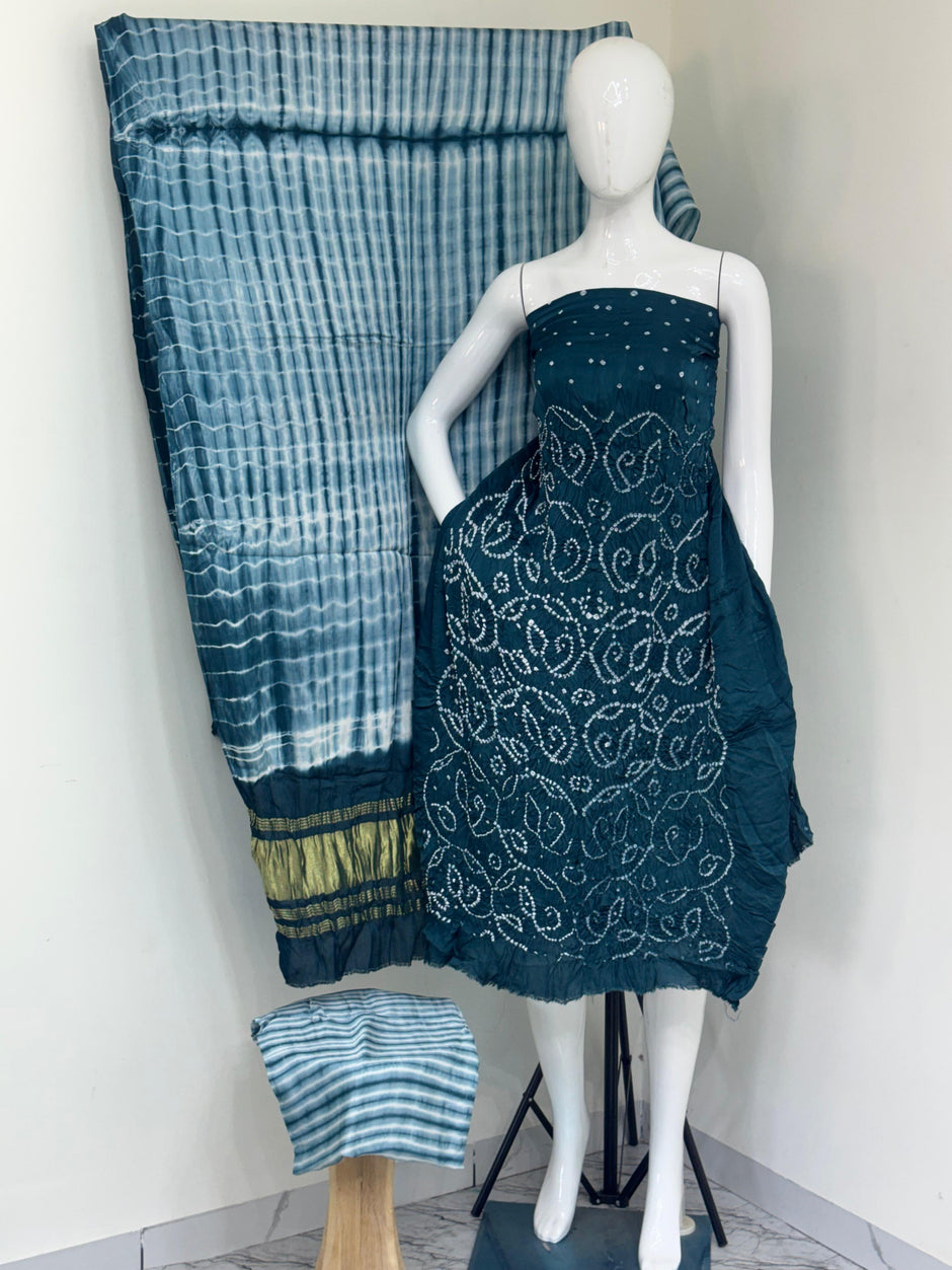 Modal silk barik bandhej 3 piece suit