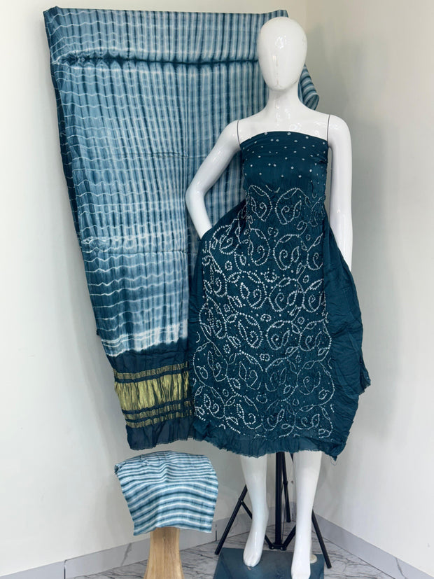 Modal silk barik bandhej 3 piece suit