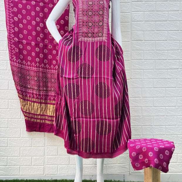 Pure Modal Silk Rust Ajrakh Hand Block Print Neptol Dye 3 Pice Suit