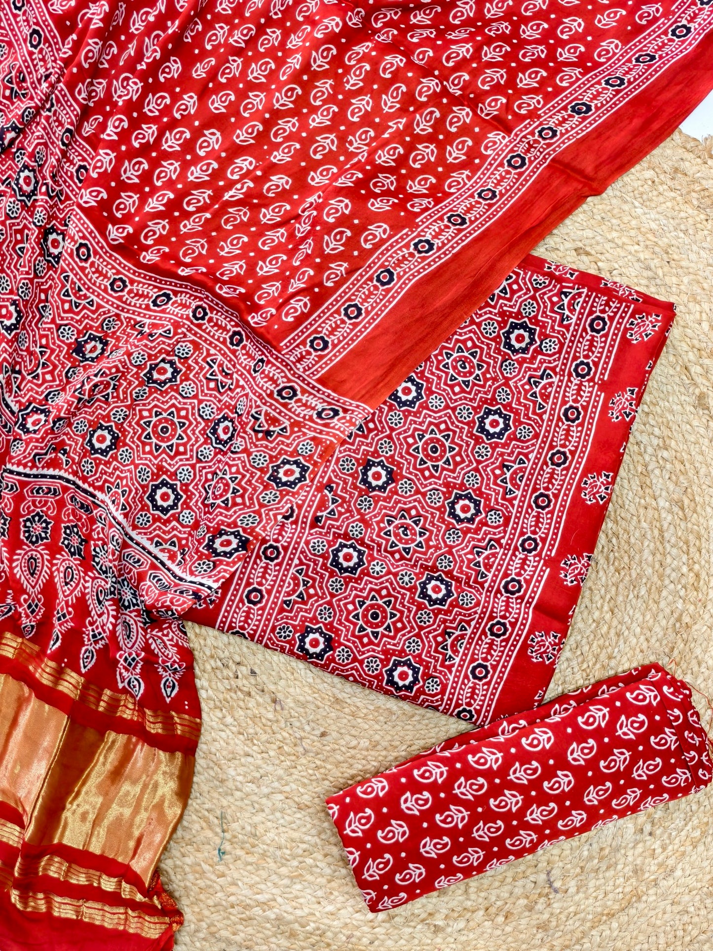 Modal Silk Rast Ajrakh Hand Block Print Suit with Neptol Dye & Zari Pallu Dupatta – Premium Designer Ethnic Wear