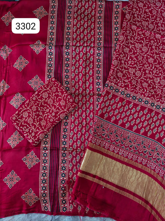 Pure Modal Silk Ajrakh Hand Block Print Neptol Dye 3 Pice Suit