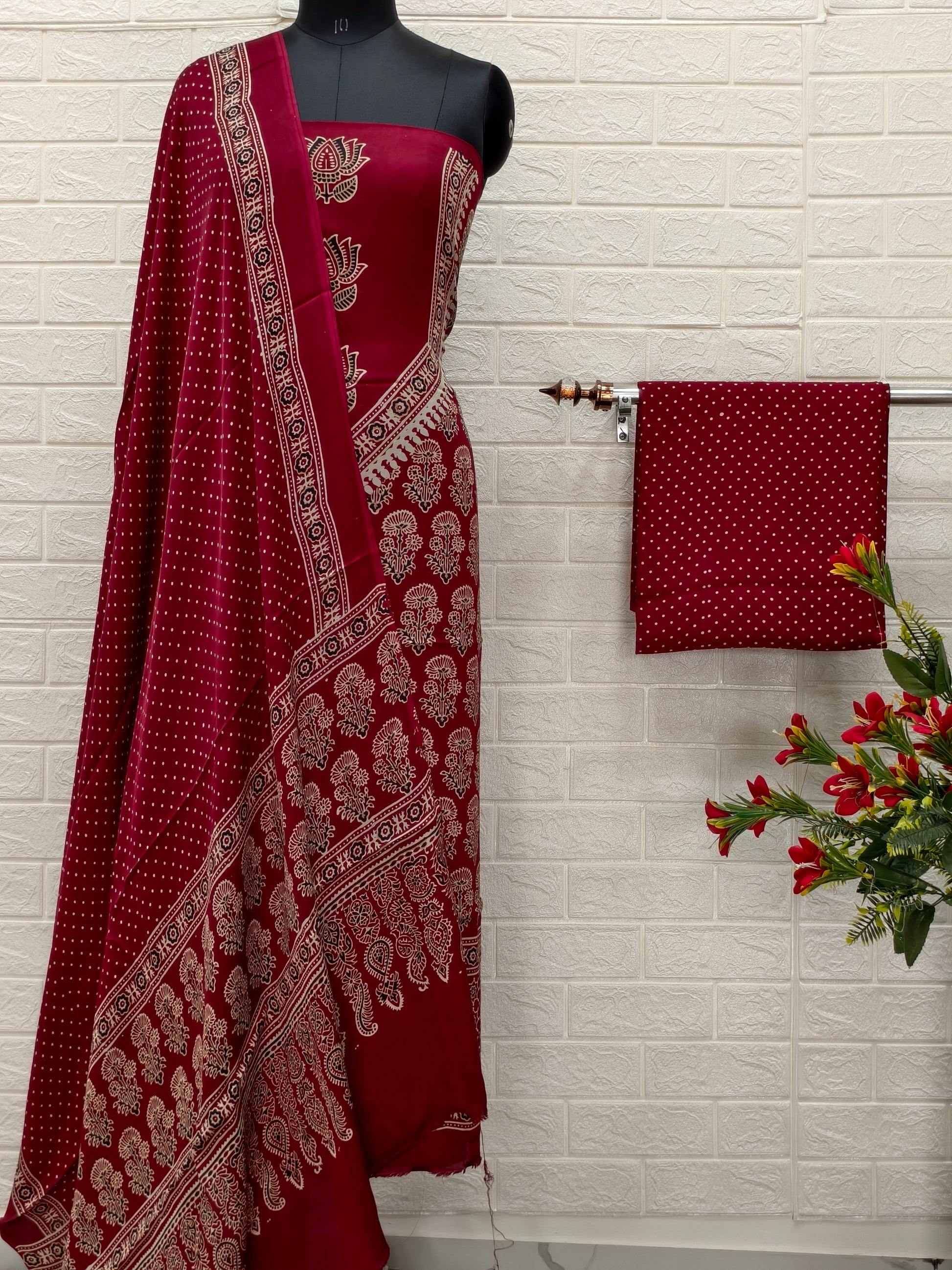 Ajrakh Hand Block Print Neptol Dye 3 Pice Suit