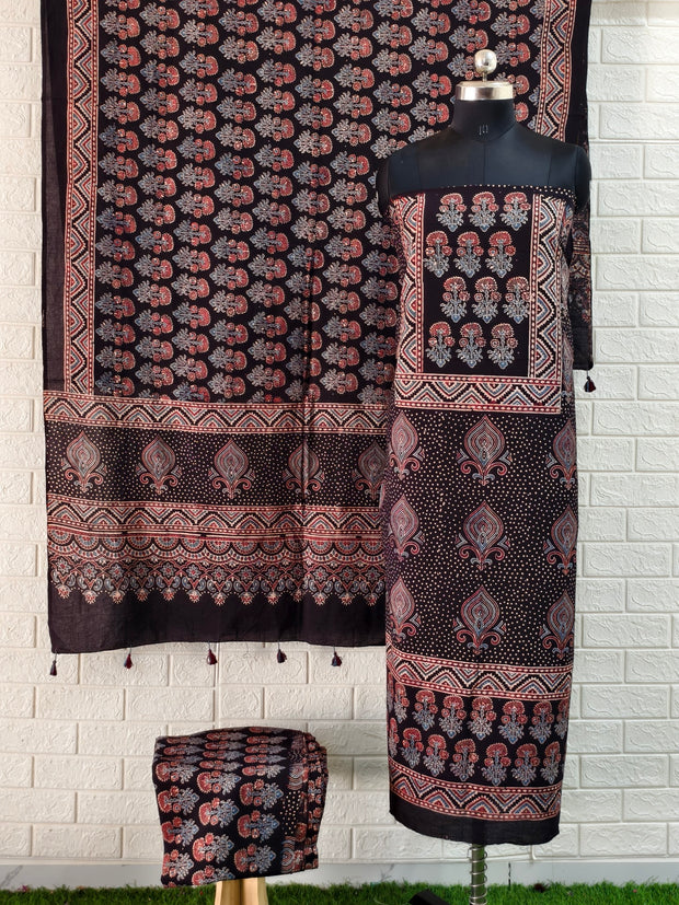 Buy Pure Cotton Bleck Ajrakh Hand Block Print Nechral Dye 3 Pice Suit