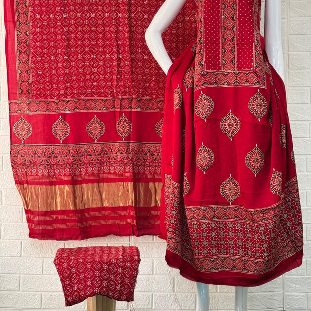 Pure Modal Silk Rust Ajrakh Hand Block Print Neptol Dye 3 Pice Suit