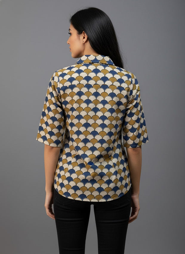 Ajrakh Hand Block Print Cotton Shirt – Red & Beige Floral Geometric Design | Ethnic Casual Wear