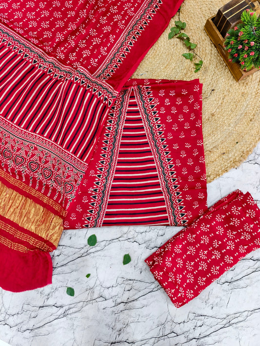 Modal Silk Red Ajrakh Hand Block Print Suit with Neptol Dye & Zari Pallu Dupatta – Premium Designer Ethnic Wear