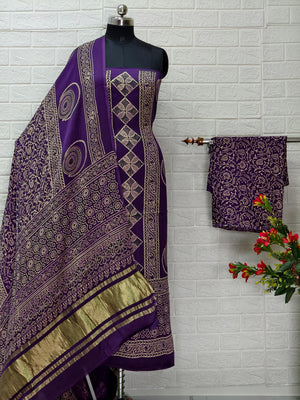 Pure Modal Silk Ajrakh Hand Block Print Neptol Dye 3 Pice Suit