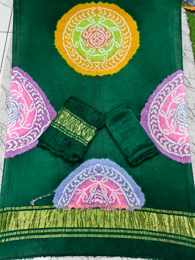 Bandhani Suit Set with Multi Color Dupatta & Zari Pallu