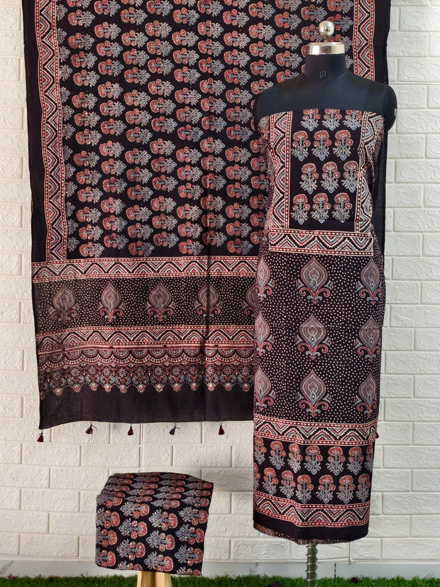 Buy Pure Cotton Bleck Ajrakh Hand Block Print Nechral Dye 3 Pice Suit