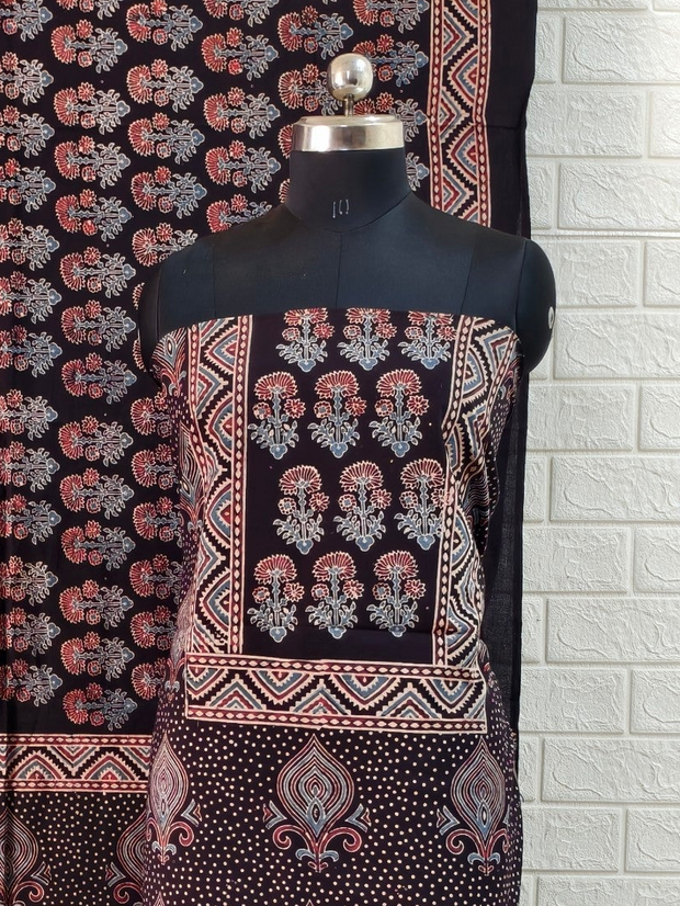 Buy Pure Cotton Bleck Ajrakh Hand Block Print Nechral Dye 3 Pice Suit