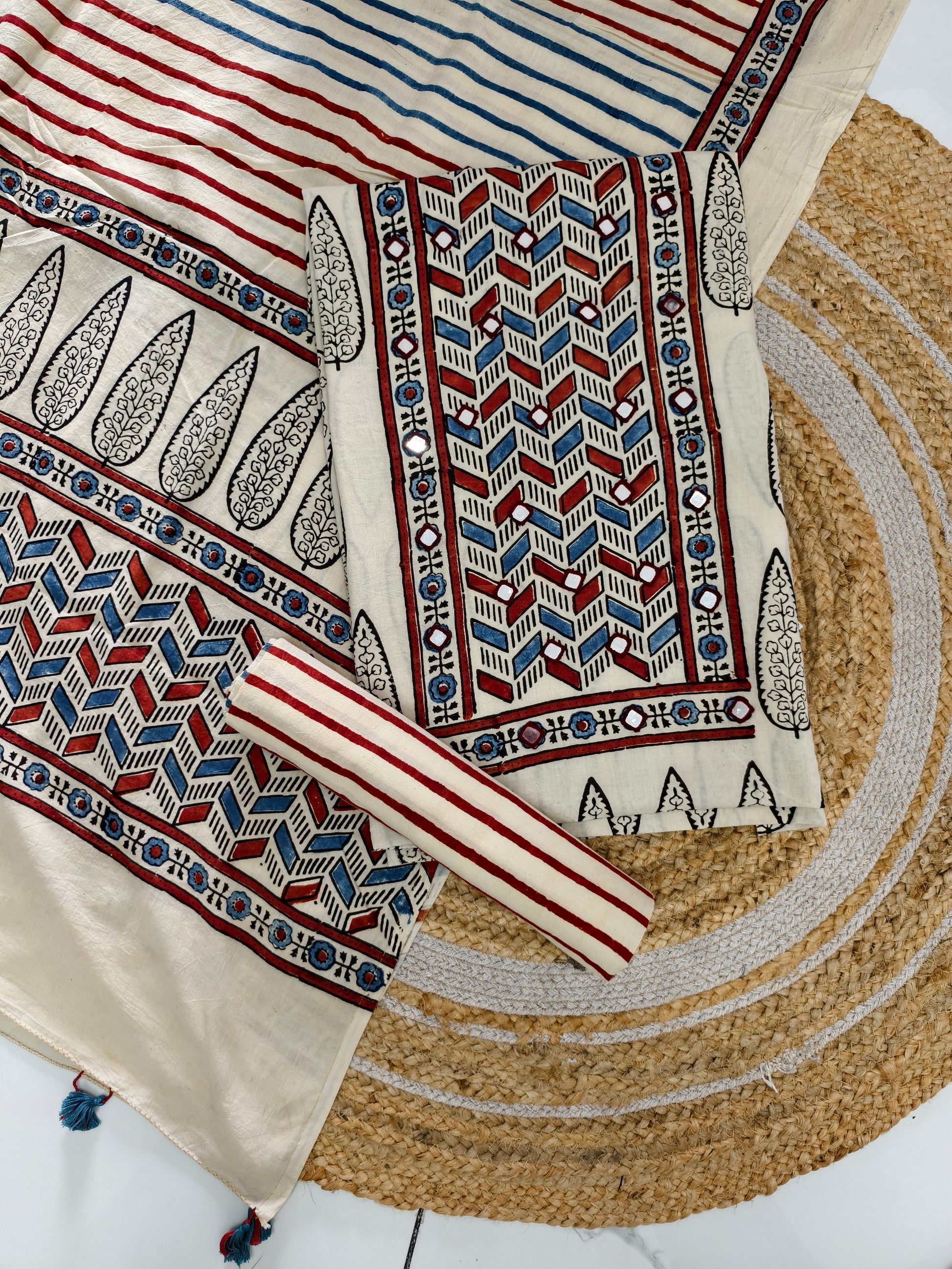 pure cotten ajrakh suit with mirror work & tassels - buy now