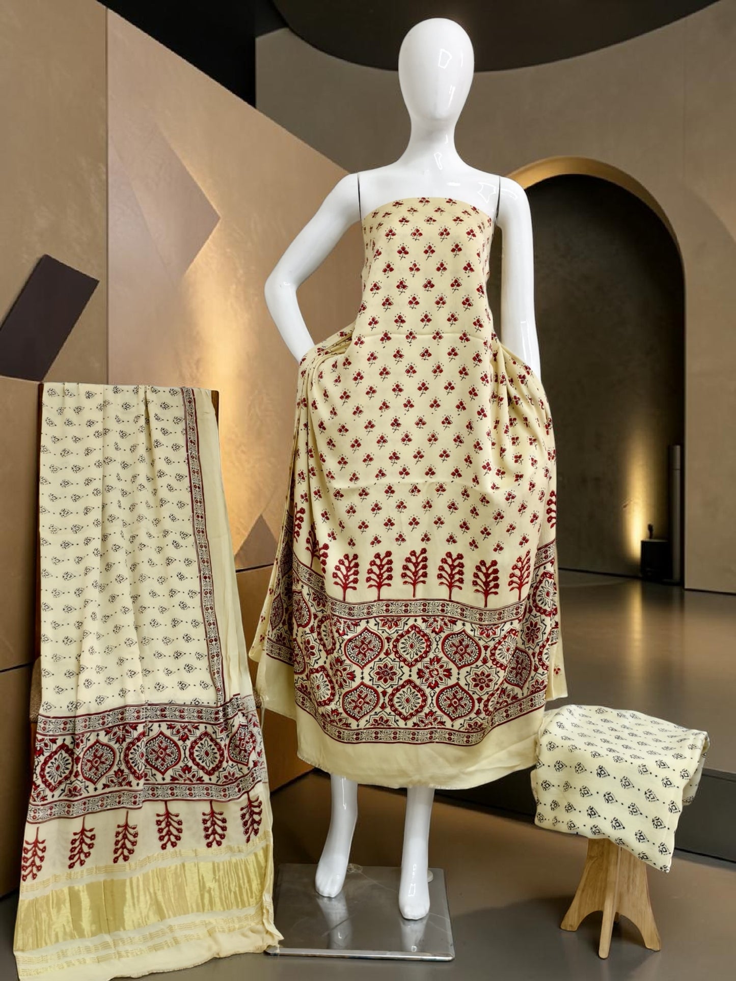off white Modal Silk Ajrakh Hand Block Print Suit with Neptol Dye & Zari Pallu Dupatta – Premium Designer Ethnic Wear