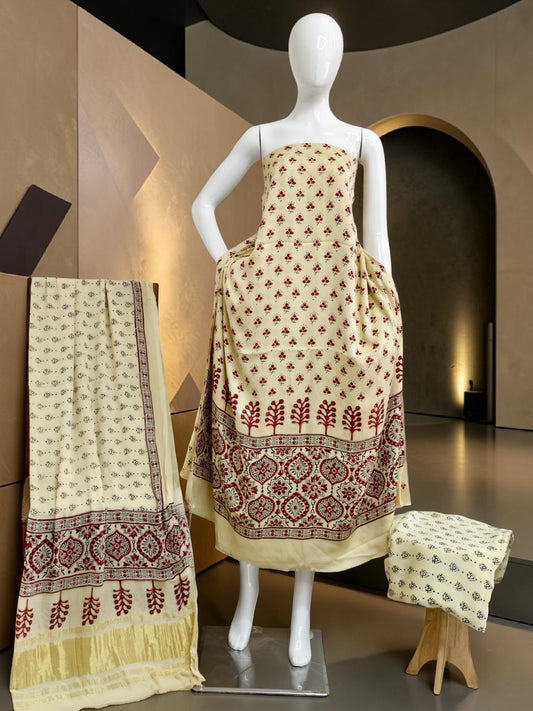 off white Modal Silk Ajrakh Hand Block Print Suit with Neptol Dye & Zari Pallu Dupatta – Premium Designer Ethnic Wear