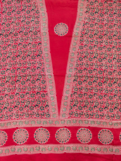 Modal Silk Red Ajrakh Hand Block Print Suit with Neptol Dye & Zari Pallu Dupatta – Premium Designer Ethnic Wear