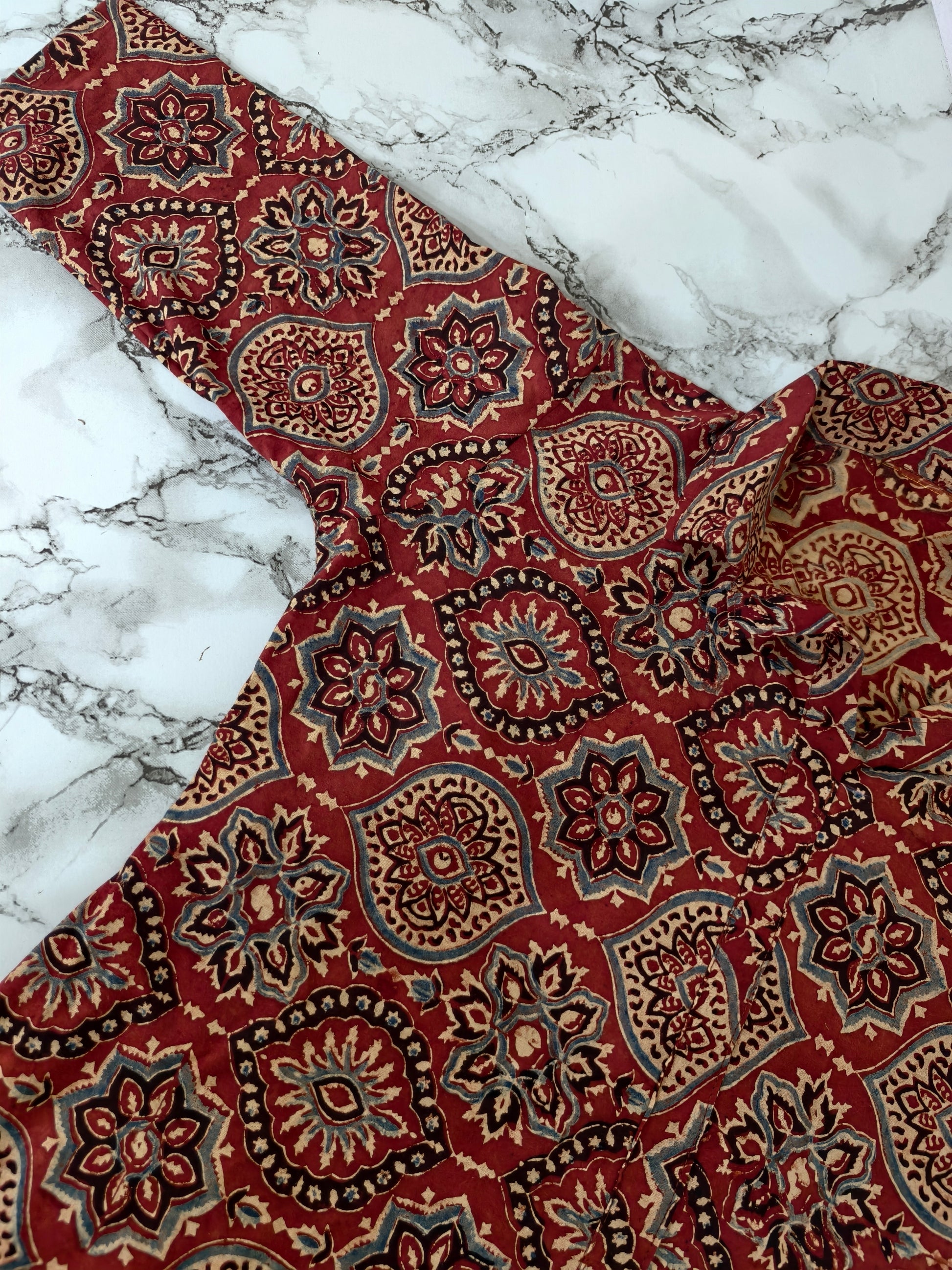 Ajrakh Hand Block Print Cotton Shirt – Red & Beige Floral Geometric Design | Ethnic Casual Wear