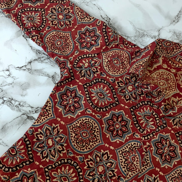 Ajrakh Hand Block Print Cotton Shirt – Red & Beige Floral Geometric Design | Ethnic Casual Wear